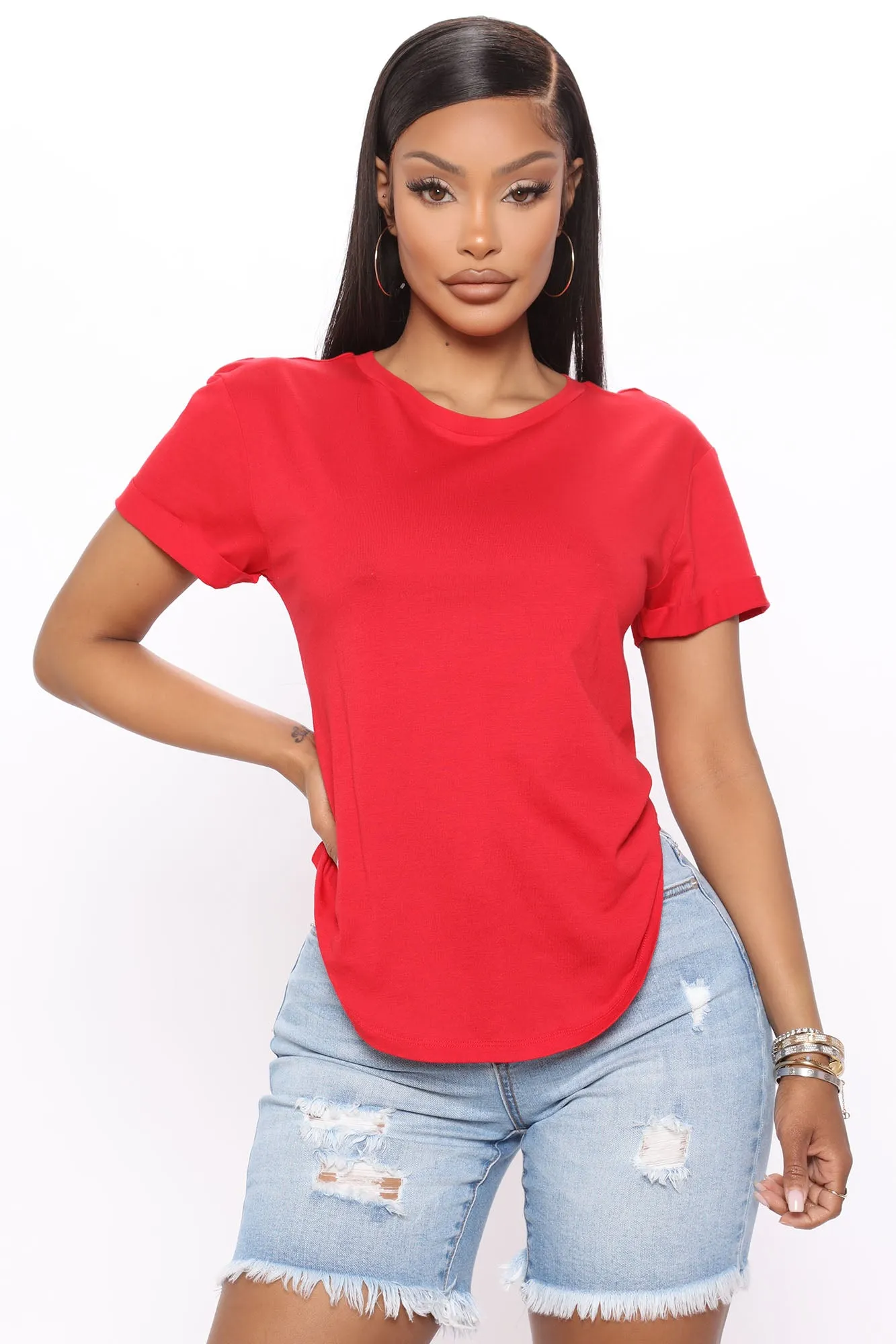 Annie Cuffed Short Sleeve Top - Red