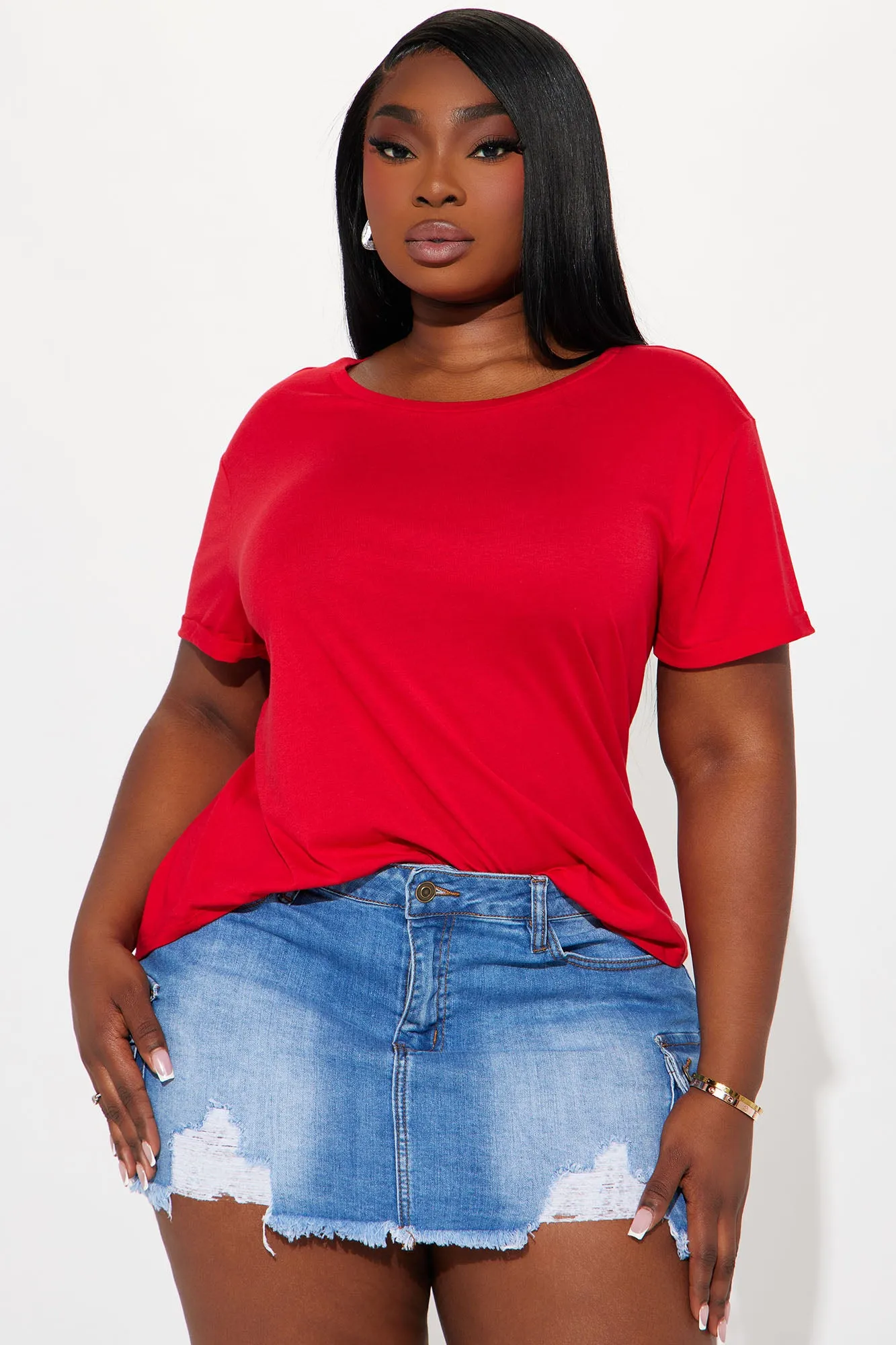 Annie Cuffed Short Sleeve Top - Red