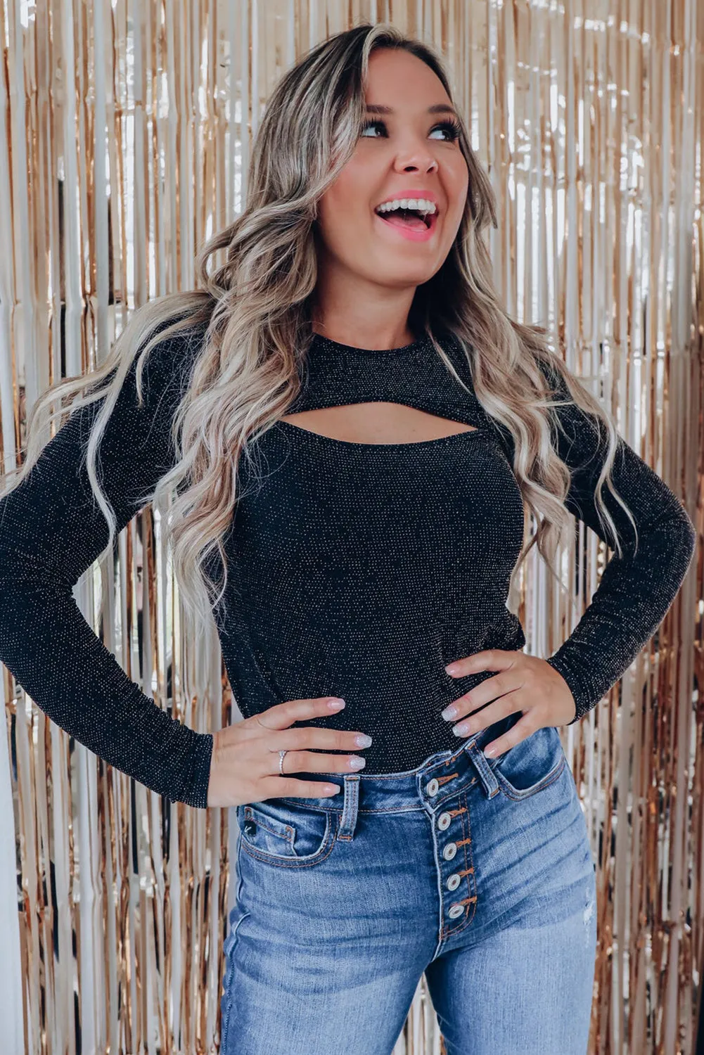 BerryBetty - Black Sparkle Metallic Cut Out Long Sleeve Top