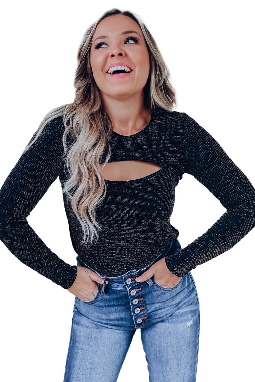 BerryBetty - Black Sparkle Metallic Cut Out Long Sleeve Top