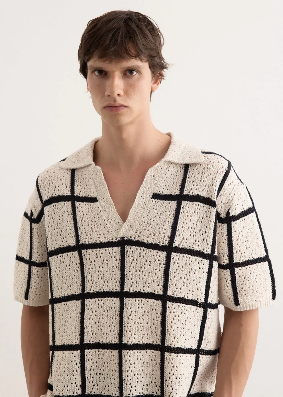 Crochet Check Open Placket Polo