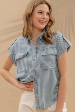 Pour Some Wine Stripe Chambray Top