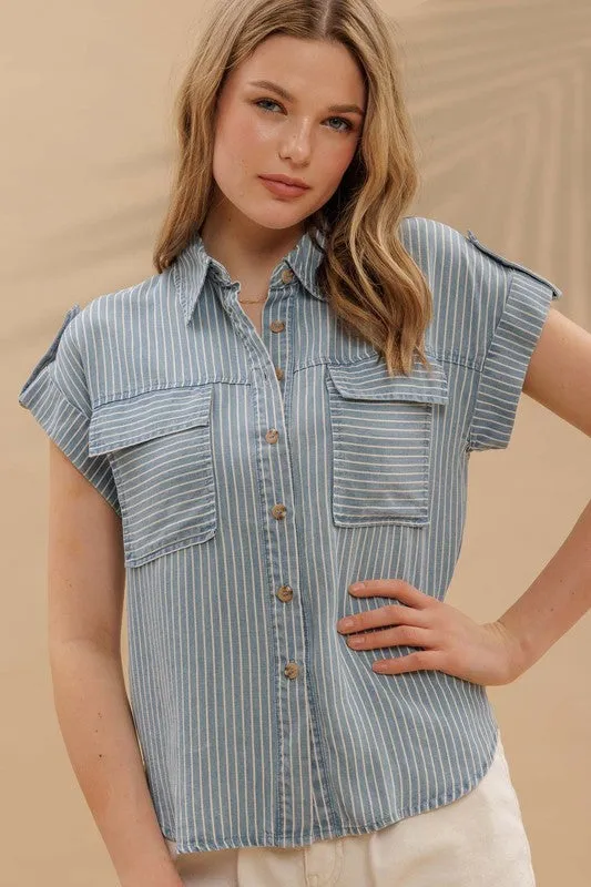 Pour Some Wine Stripe Chambray Top
