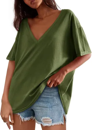 Tankaneo Womens Oversized Tshirts V Neck Short Sleeve Tops Summer Casual Loose Fit Tunic Tee Shirts