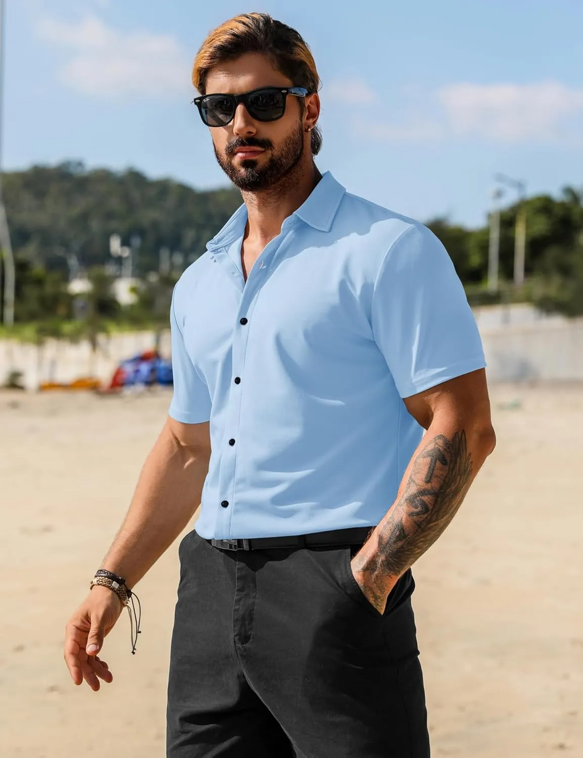 URRU Men's Muscle Dress Shirts Short Sleeve Stretch Casual Button Down Shirts Wrinkle Free Slim Fit Dress Shirt for Men