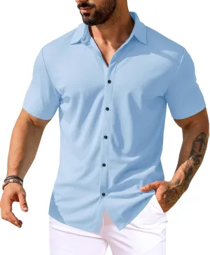 URRU Men's Muscle Dress Shirts Short Sleeve Stretch Casual Button Down Shirts Wrinkle Free Slim Fit Dress Shirt for Men