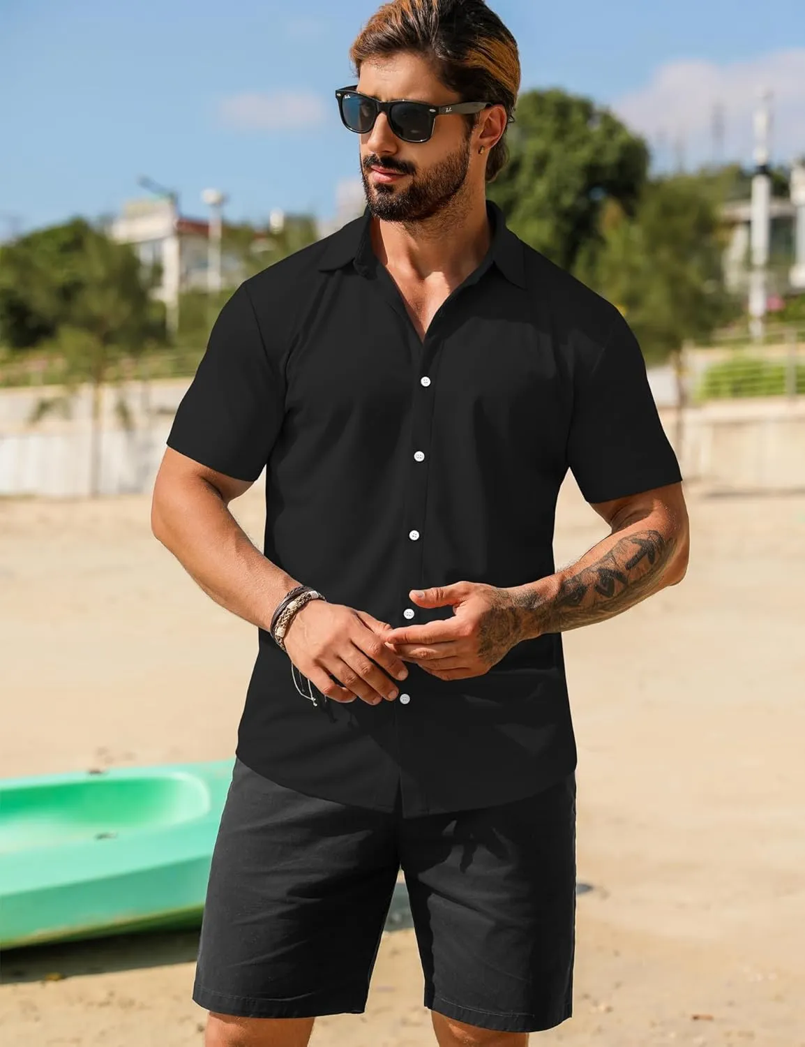 URRU Men's Muscle Dress Shirts Short Sleeve Stretch Casual Button Down Shirts Wrinkle Free Slim Fit Dress Shirt for Men