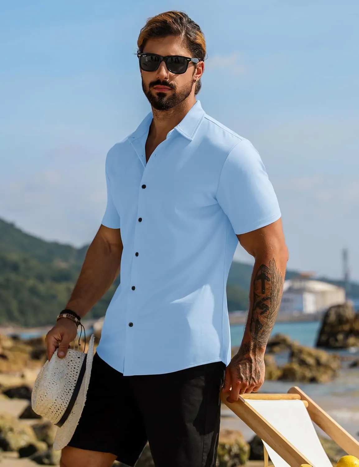 URRU Men's Muscle Dress Shirts Short Sleeve Stretch Casual Button Down Shirts Wrinkle Free Slim Fit Dress Shirt for Men