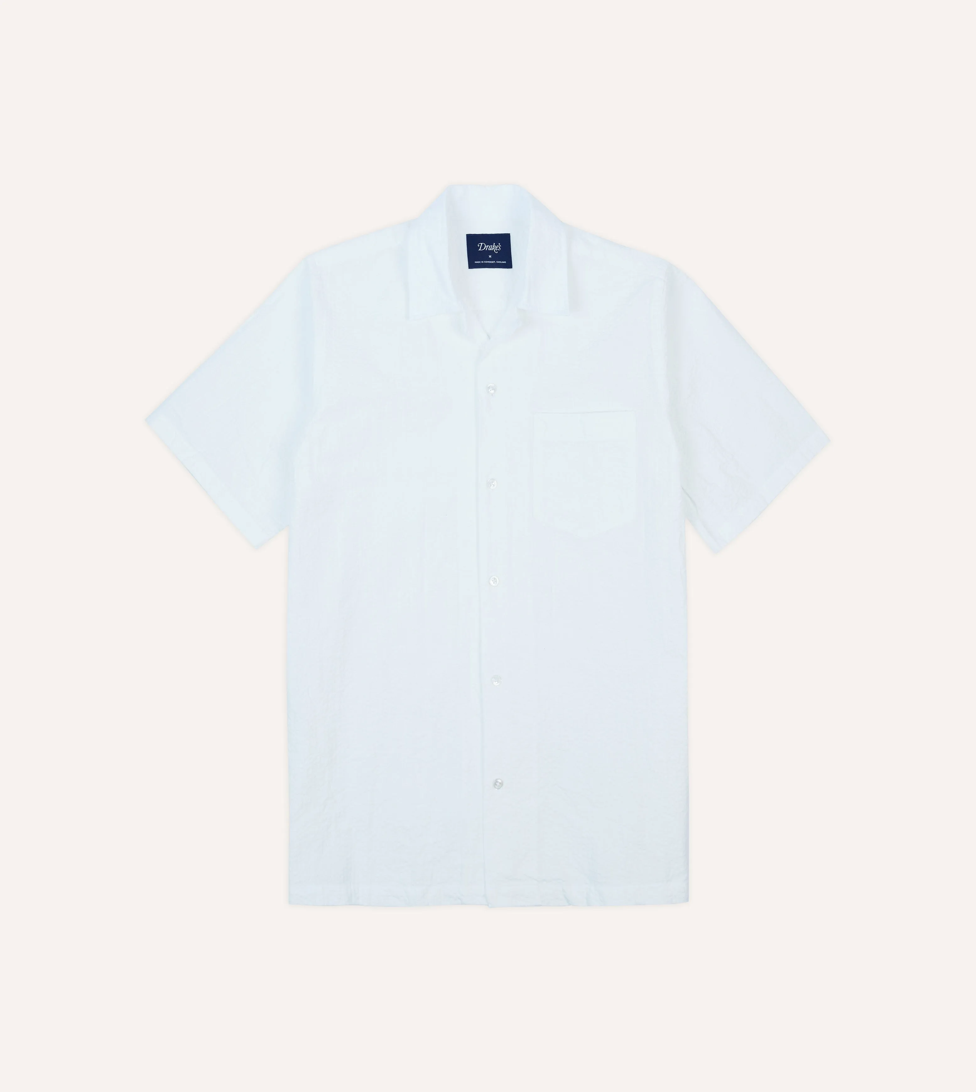 White Cotton-Linen Seersucker Camp Collar Short Sleeve Shirt