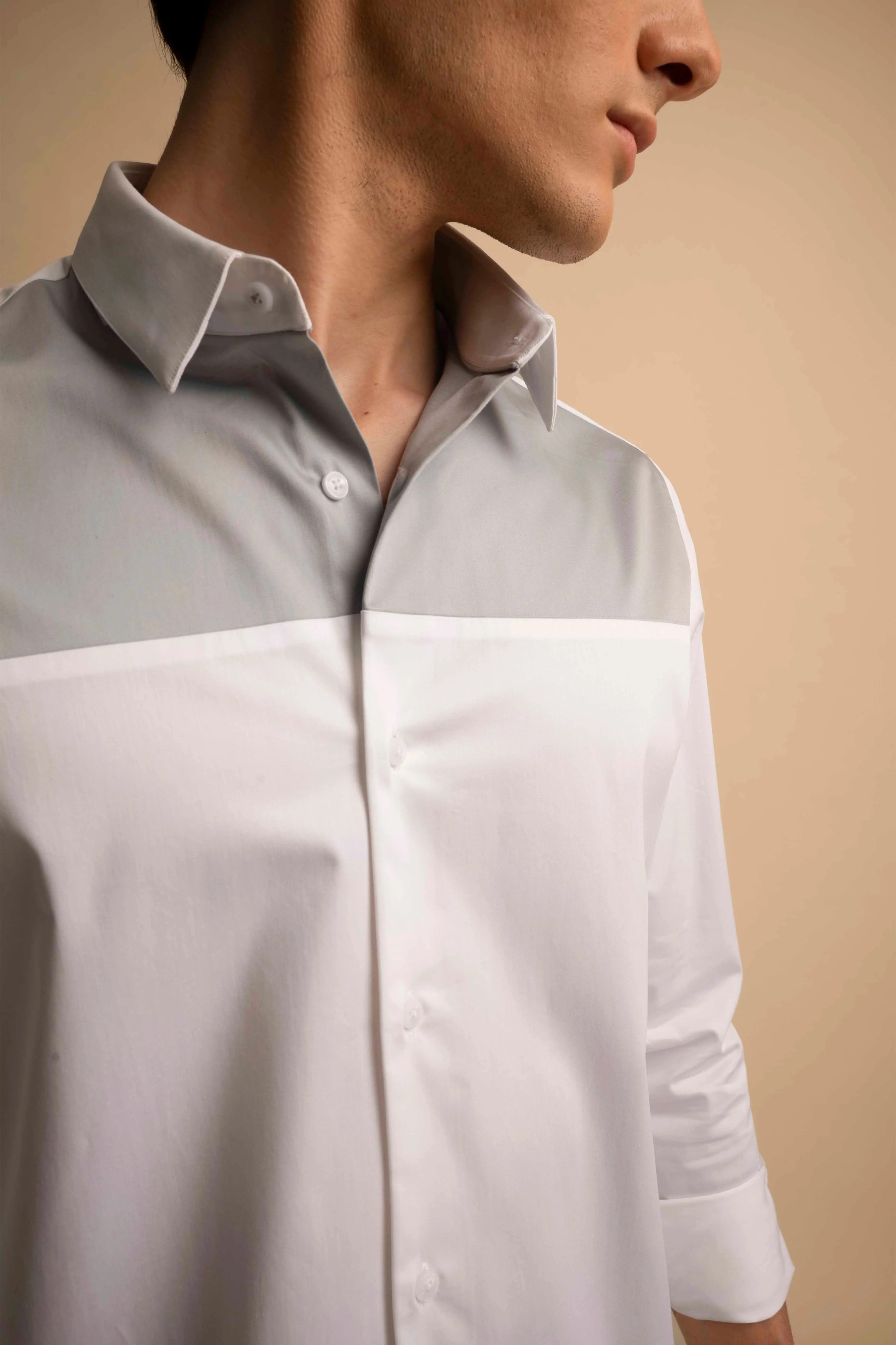White Grey Panel Stretch Satin Shirt