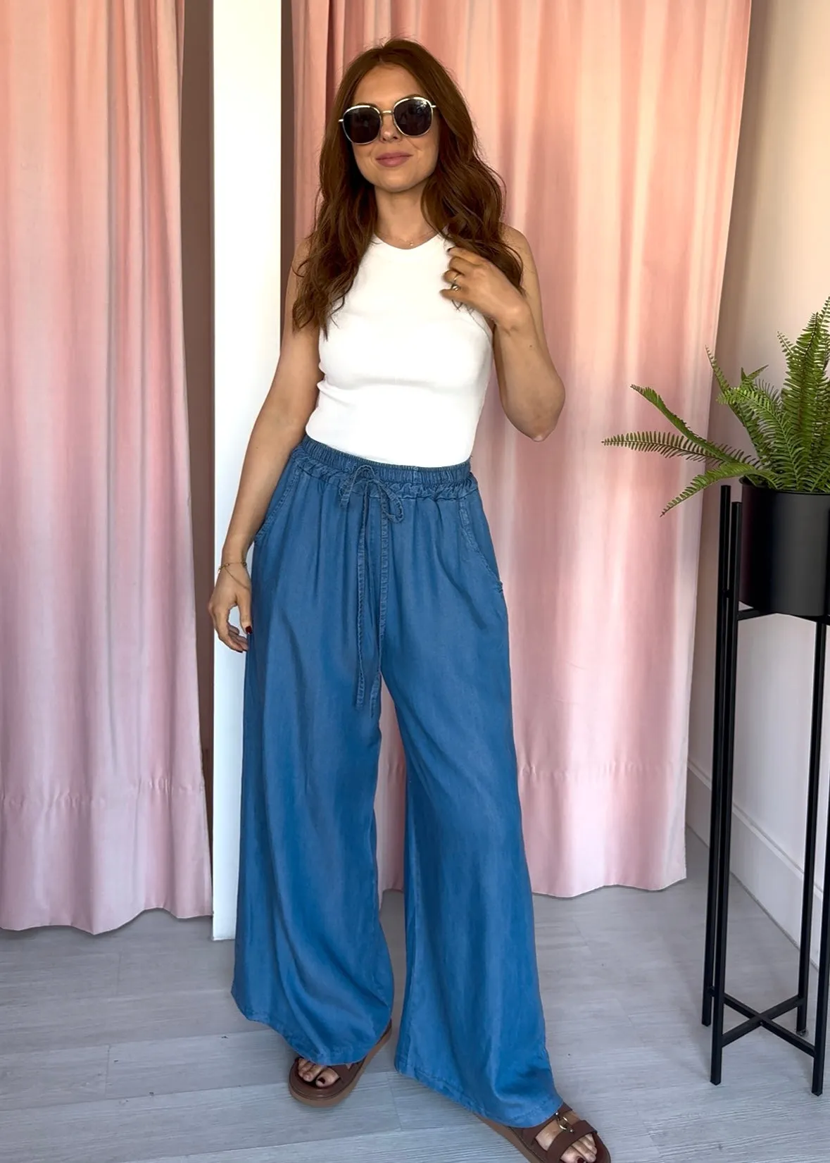 Wide Leg Chambray Denim Trousers - Mid Wash