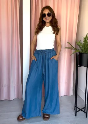 Wide Leg Chambray Denim Trousers - Mid Wash