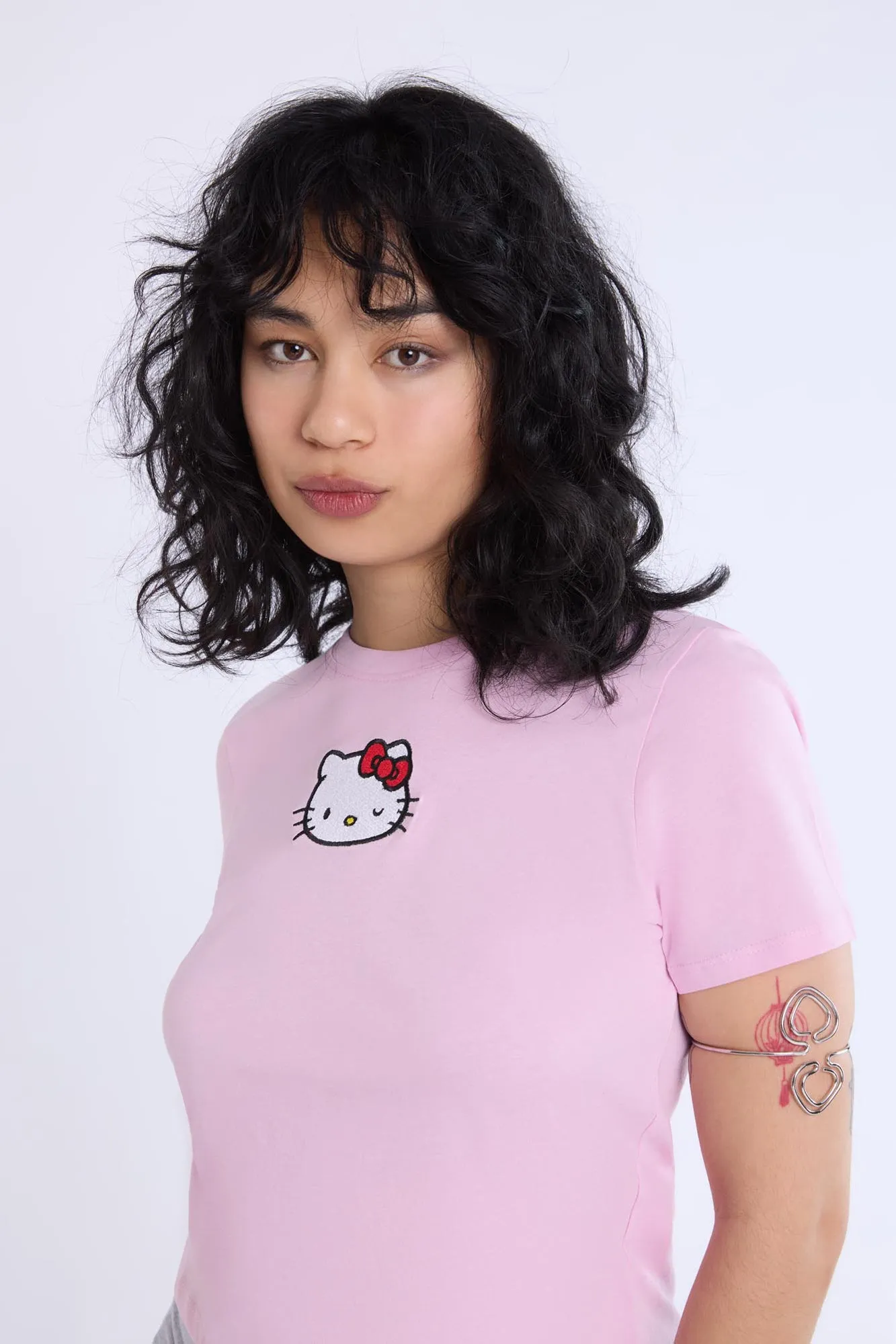 Womens Hello Kitty Embroidered Baby Tee