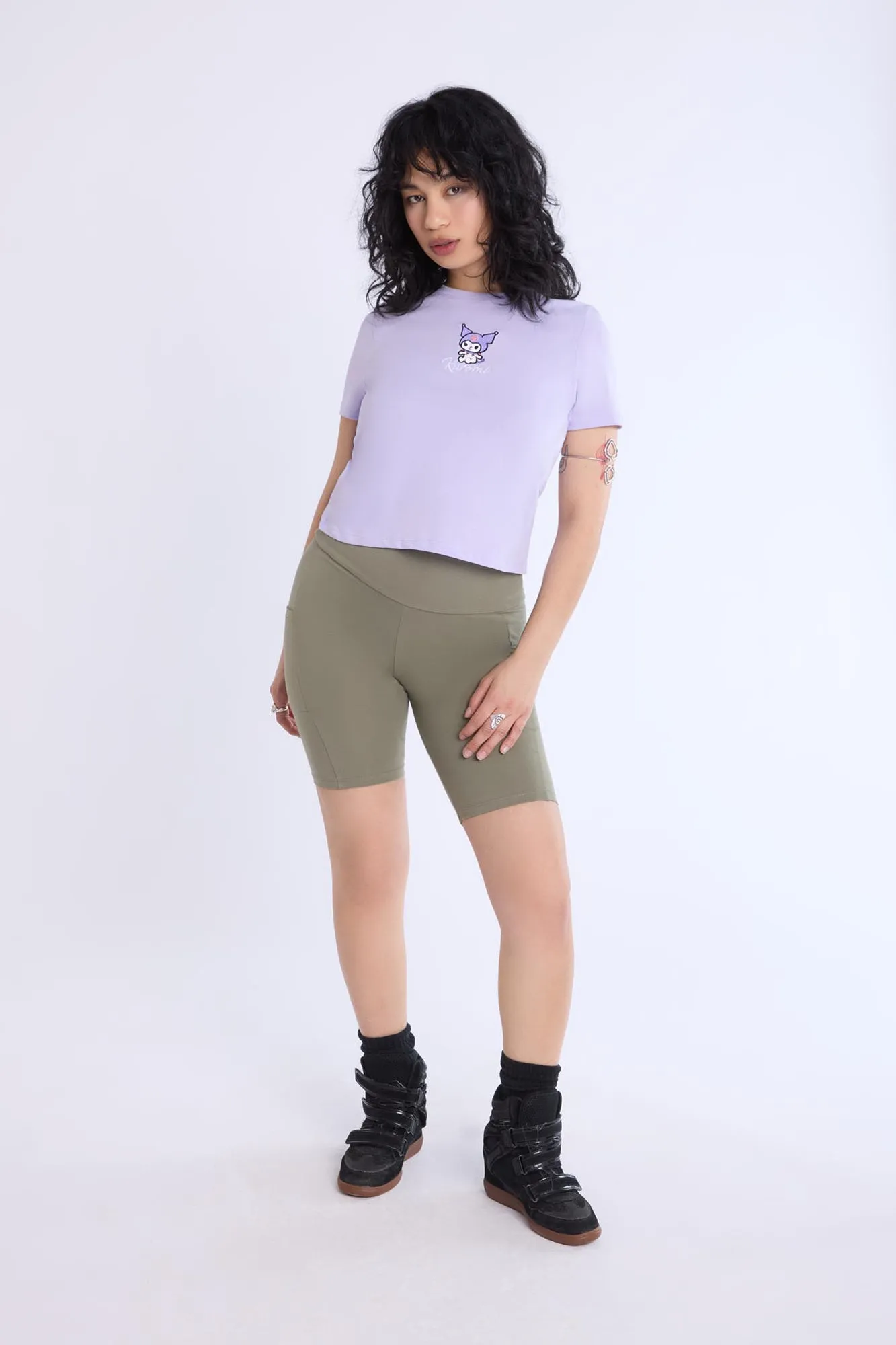 Womens Kuromi Embroidered Baby Tee