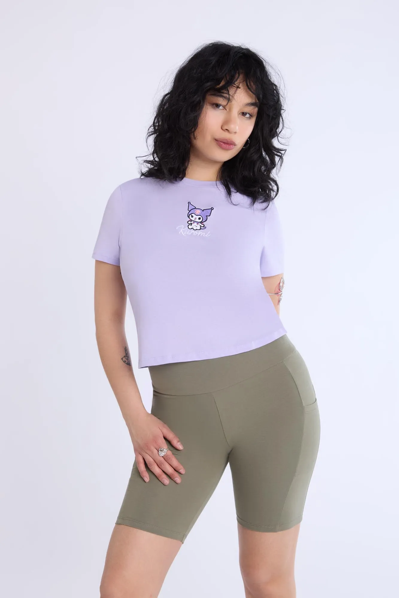 Womens Kuromi Embroidered Baby Tee